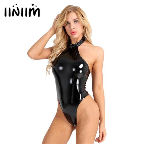 Aliexpress Com Buy Women Wetlook Sexy Club Catsuit Swimsuit Patent Leather Halter Backless