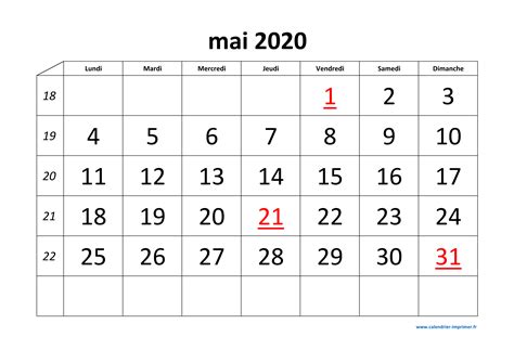 Calendrier Mai 2020 à Imprimer