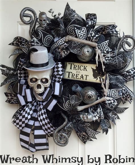 Halloween Skeleton Black And Silver Deco Mesh Wreath Skeleton Decor