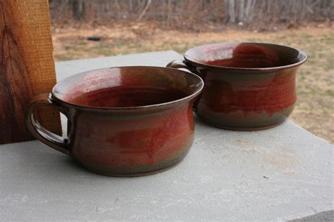 2 Red Pottery Soup Mugs Nc Pottery Chili Bowls Etsy Soup Mugs Nc