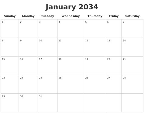 January 2034 Blank Calendar Pages