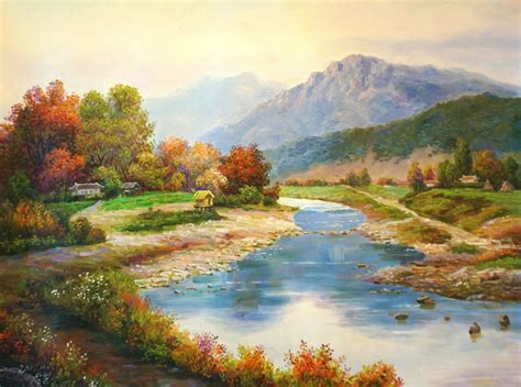 Original Oil Painting On Canvas Landscape Autumn Mountain Stream 2