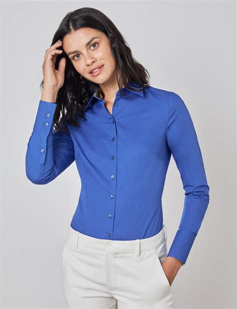 Easy Iron Plain Cotton Stretch Womens Fitted Shirt With Contrast