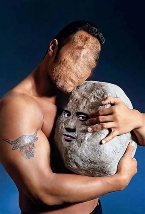 A Man Is Holding A Large Rock With His Face Painted On It And The Other