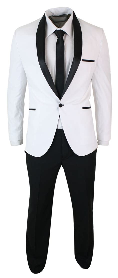 Mens White Black Shawl Collar Tuxedo Dinner Suit Tailored Fit Wedding