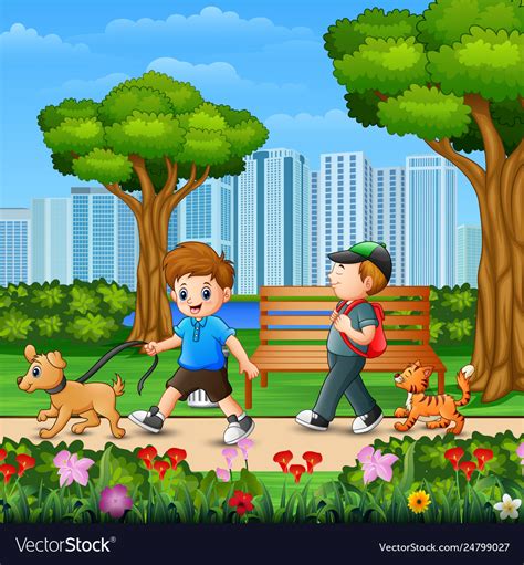 Two Boys Walking With Their Dog In Park City Vector Image