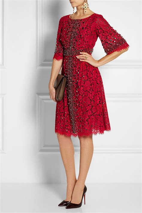 Dolce And Gabbana Crystal Embellished Lace Dress In Red Lyst