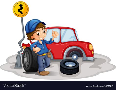 A Boy Fixing A Red Car Royalty Free Vector Image