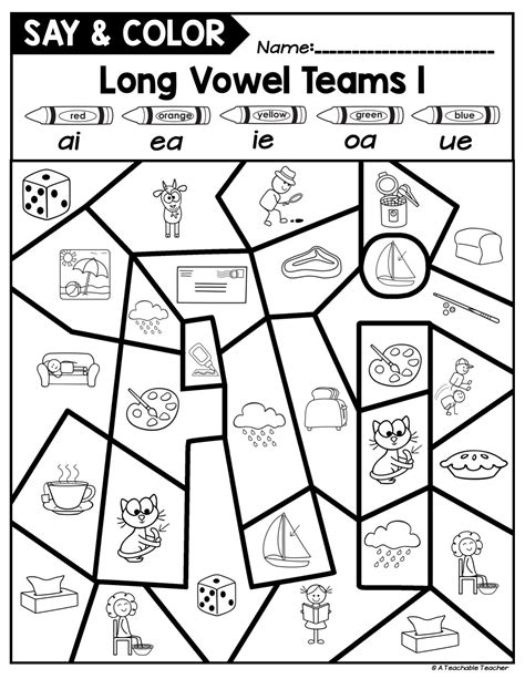 Say And Color Long Vowel Activities Vowel Teams A Teachable Teacher