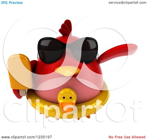 Clipart Of A 3d Chubby Red Bird Flying With A Popsicle And Inner Tube
