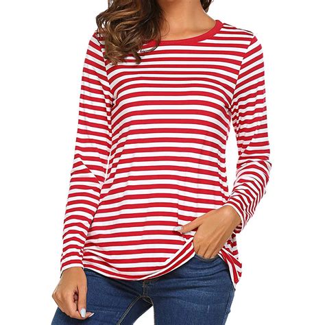 2019 Casual Women Red White Striped Long Sleeve T Shirt Cotton Loose