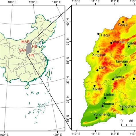 Map Of Shanxi Province With Topography And Meteorological Stations