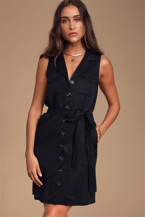 Classic Black Dress Shirt Dress Belt Dress Button Up Dress Lulus