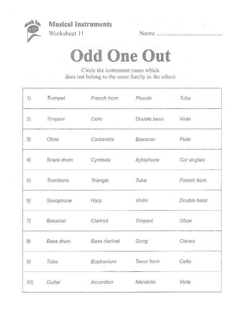 10 Musical Instruments Worksheet 1 1 Name Odd One Out · 10
