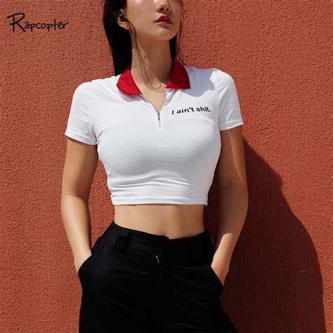 rapcopter women white cropped turn down collar t shirt summer slim waist cotton crop top 2018