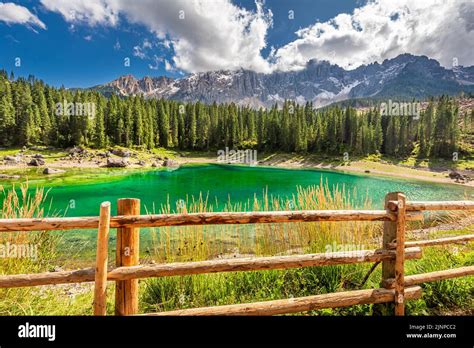 Aerial View Of Carezza Lake In Dolomites In Summer Italy Europe Stock