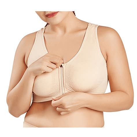 BIMEI Women S Mastectomy Zip Front Sports Bra Plus Size Yoga Wireless Post Surgery Bra Beige XL