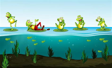 Five Green Frogs In The Pond 519928 Vector Art At Vecteezy