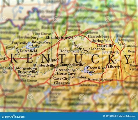 Geographic Map Of Us State Kentucky With Important Cities Stock Photo