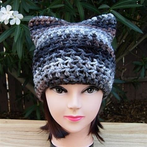 Pussy Cat Hat With Ears Black Brown Gray White Soft Crochet Knit