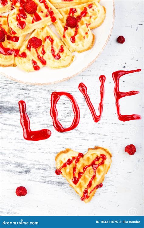 Belgian Heart Shaped Waffle On White Background Word Love Made By Jam