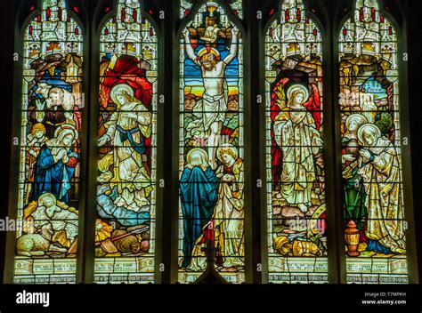 Stained glass window illustrated Bible stories in the Christ Church