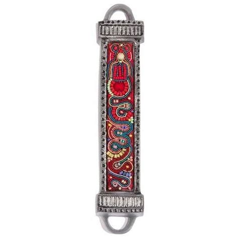 Yair Emanuel Aluminum Mezuzah With Embroidered Beads Redblue Judaica