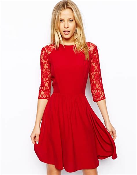 Lyst Asos Skater Dress With Lace Sleeves In Red