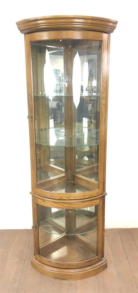 Sold Price Transitional Oak Curved Glass Corner Curio Cabinet