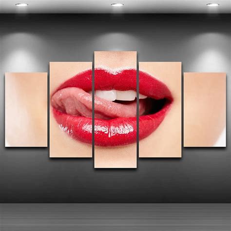 Hd 5 Pieces Canvas Wall Art Red Lips Abstract Pictures Watercolor Sexy Lips Paintings On Canvas
