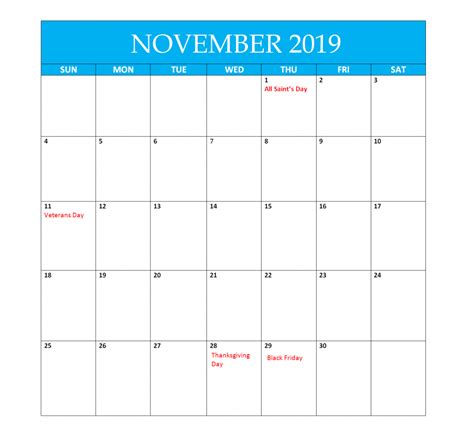 November 2019 Holidays Calendar