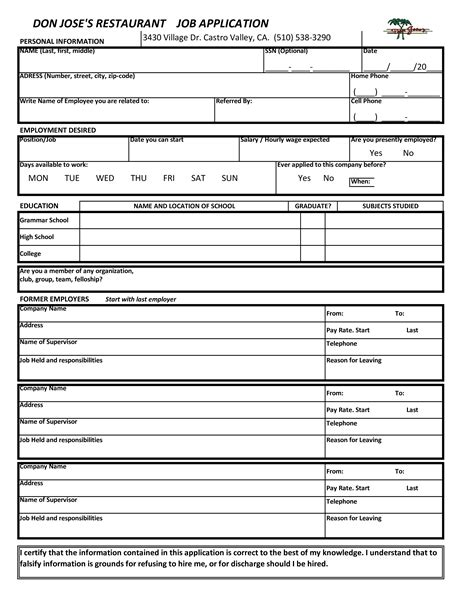 Sections include applicant information, education, references, previous employment, and military service. Printable Restaurant Job Application | Templates at ...