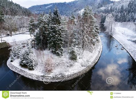 Beautiful Snowy Winter Forest Landscape Tepla River Under Brezova Dam