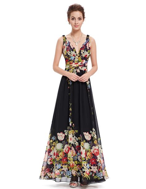 Black Deep V Neck Floral Print Long Chiffon Prom Dresses Vampal Dresses