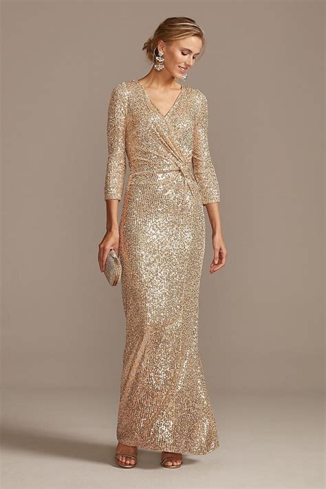 Gold Sequin Gown With Wrap Style And Long Sleeves Dress For The Wedding