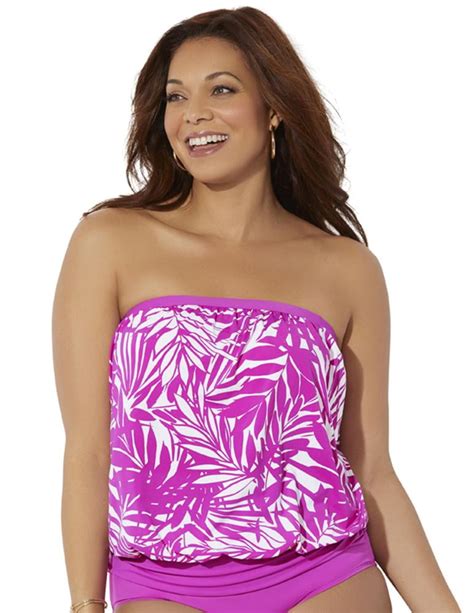 Swimsuits For All Womens Plus Size Bandeau Blouson Tankini Top 26 Beach Rose Palm