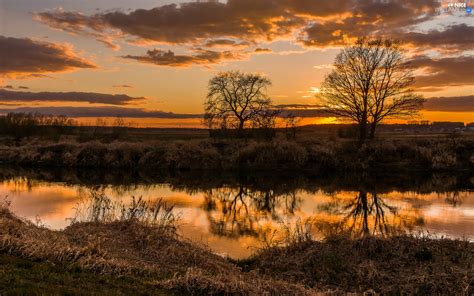 Great Sunsets Autumn Clouds River Dry Grass Viewes Reflection