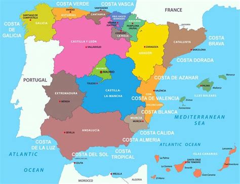 A Map Of Spain With All The Major Cities And Their Respective Regions