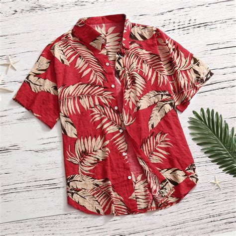 Camisa Hawaiana Con Estampado De Hojas Verdes Para Hombre Camisa Informal De Manga Corta Con