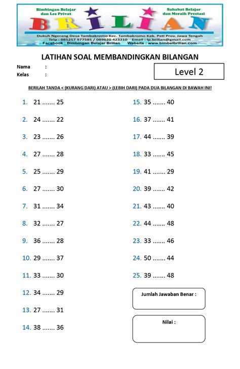 Soal Membandingkan Bilangan Kelas 2 SD Level 2 Bimbel Brilian