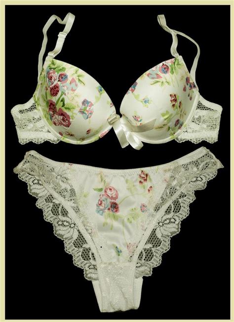 Cream Satin Lace Floral Prints Push Up Bra Panties Set C C C C Ebay