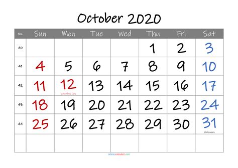 Free Printable October 2020 Calendar With Holidays 6 Templates