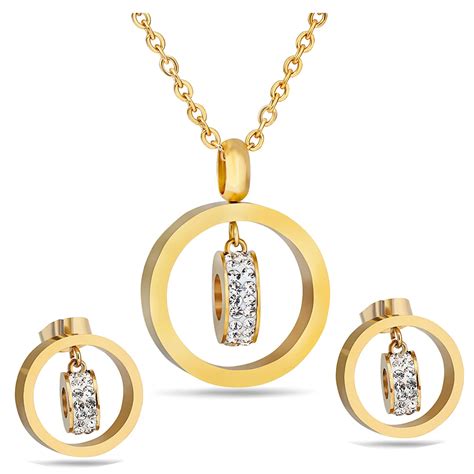 Hot Sale Gold Color Jewelry Set 316l Stainless Steel Cz Crystal Earring Necklace Women Set In