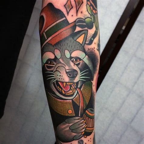Neo Traditional Style Colored Forearm Tattoo Of Raccoon