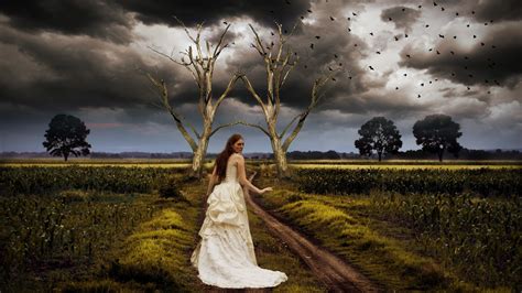 Fantastic Landscape Road Girl Clouds Nature Gothic Redhead