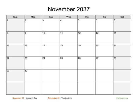 November 2037 Calendar With Weekend Shaded