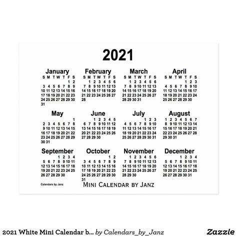 2021 White Mini Calendar By Janz Postcard Mini Calendars