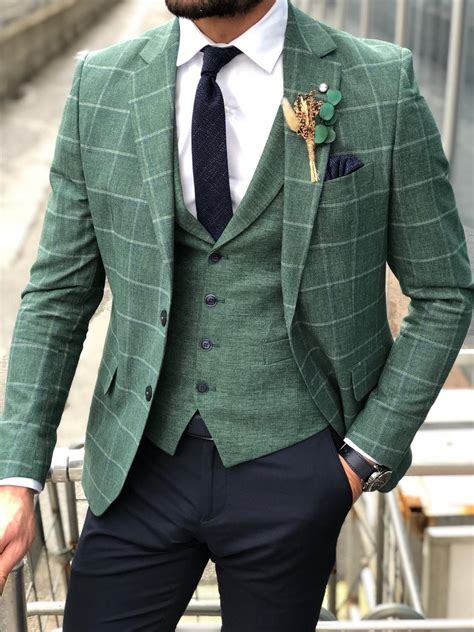 Slim Fit Plaid Suit Vest Green Green Suit Men Mens Fashion Suits