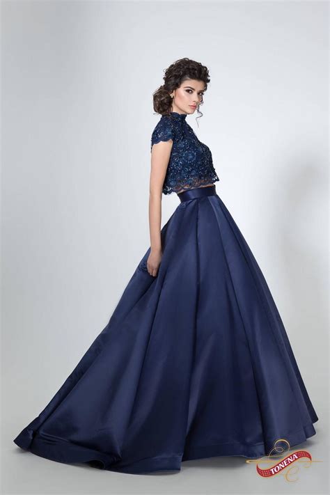Two Piece Lace And Satin Dress Navy Blue Evening Dress Cap Sleeves