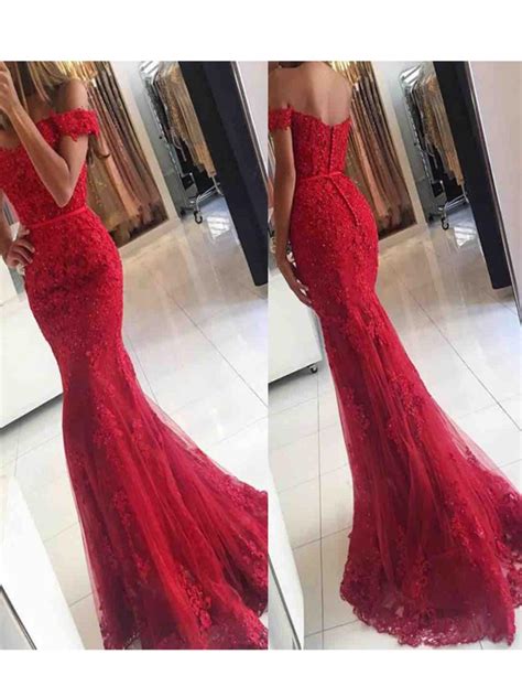 Lace Mermaid Prom Dress Off Shoulder Red Prom Dresses Charming Prom Dresses Evening Dress Prom